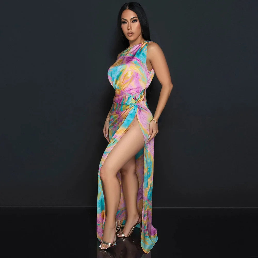 CM.YAYA Women Skew Collar Tie-dye Print Long Dress Summer Streetwear Beach Evening Sexy Night Party Split Maxi Dresses Vestidos