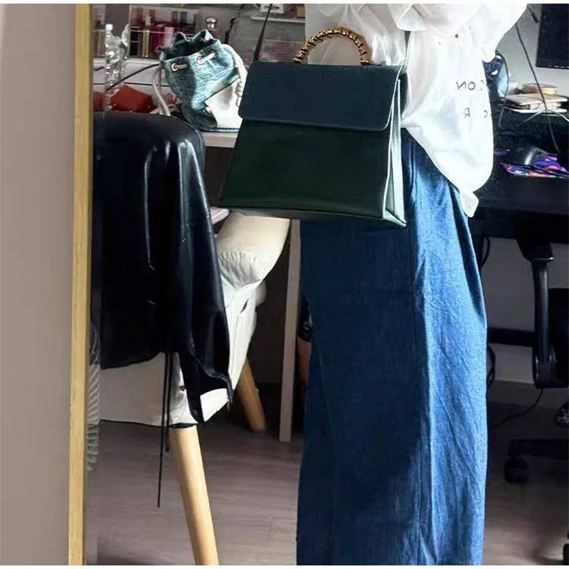 Brand Designer Small Square Bag Elegant Blue Green Stitching Fashion Trend Personality Texture Shoulder Bag Pu Leather Handbag