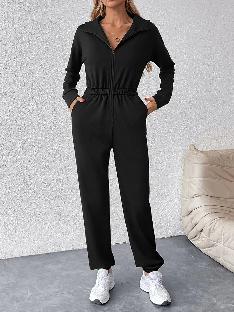 COOL BABES Store Women Jumpsuits New Spring Autumn Fashion Hooded Zippers Casual Slim Rompers Sexy Black Elegant Lady Jumpsuits