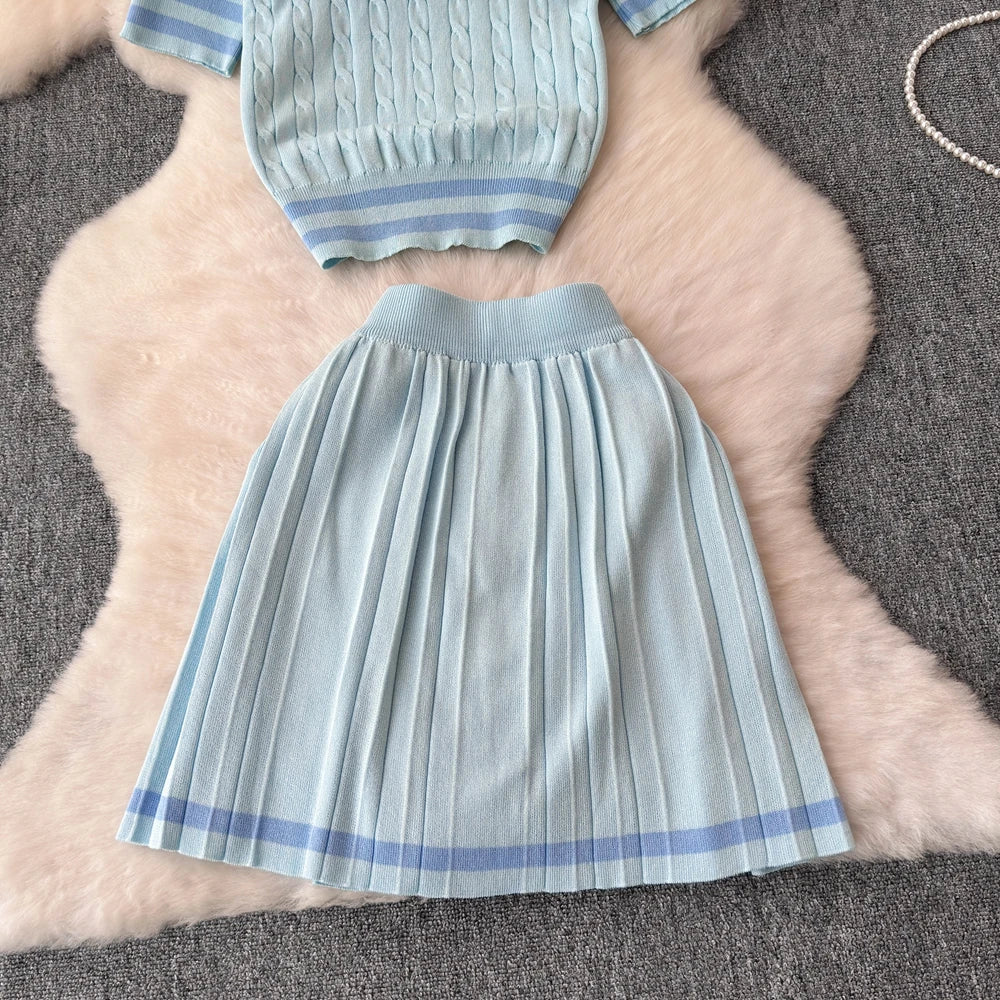 TWOTWINSTYLE Sweet Style Two Piece Set For Women Lapel Short Sleeve Tops High Waist Spliced Folds Skirt Sets Female KSE524900