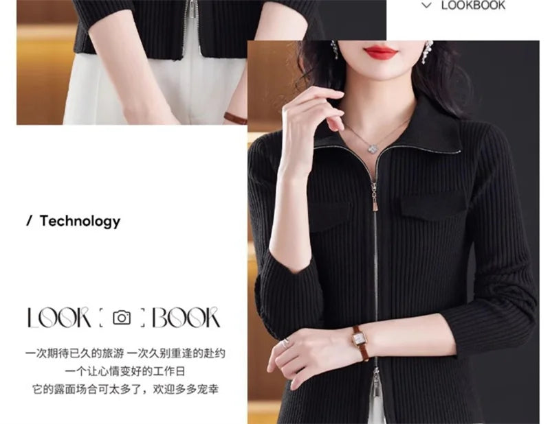 Fashion Zipper Short Knitted Cardigan Sweater 2025 Spring Autumn New Korean Versatile Coat Top Turn-Down Col Sweater Solid Color