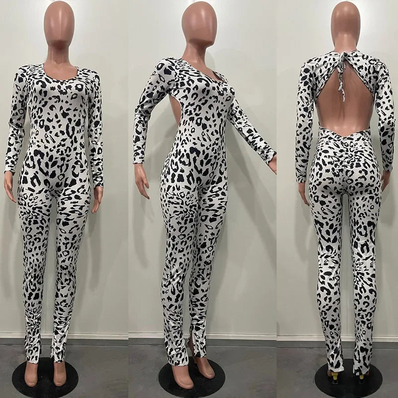 Sexy Open Back Leopard Jumpsuits Women Long Sleeve V-neck Skinny Split Flare Pants Rompers Clubwear Party One Piece Jumpsuit