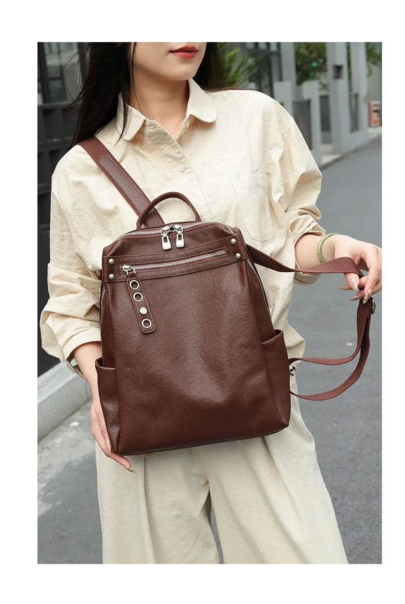 Women's Natural Cow Leather Backpacks Lady Cowhide Design Large Capacity Bags Female Retro Fashion Versatile Backpacks Ladies