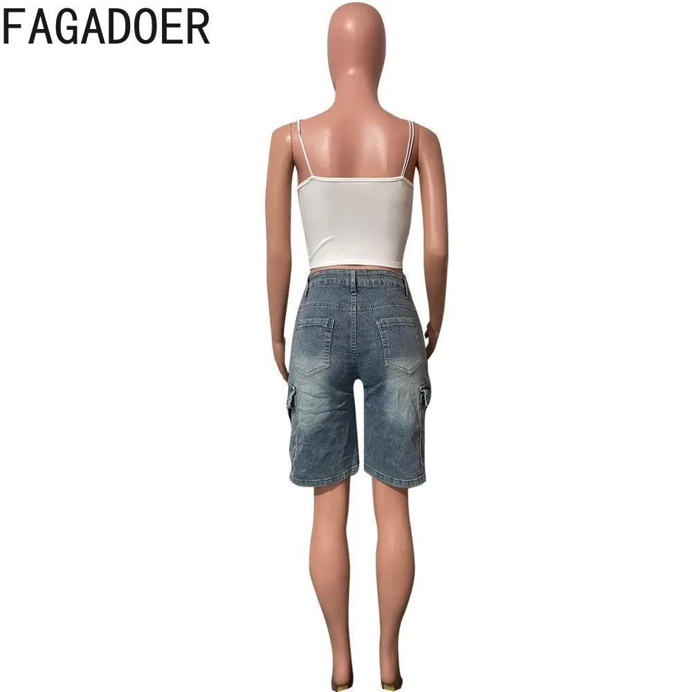 FAGADOER Y2K Sexy Bodycon Denim Pants Women Solid Color Cargo Pocket Patchwork Jeans Female Streetwear Bottoms 2025 Summer New