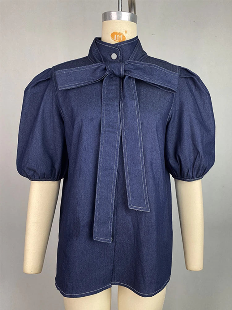 Beautyblue Denim Shirt Woman Short Sleeve Bow-Embellished Tops Summer Casual Streetwear Buttoned High Neck Puff Sleeves Blouses
