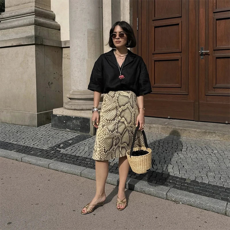 Fashion Ladies Half Skirt Snake Print High Waist Elastic Waist Loose Skirt Light Luxury Dress Versatile Summer Casual Skirts