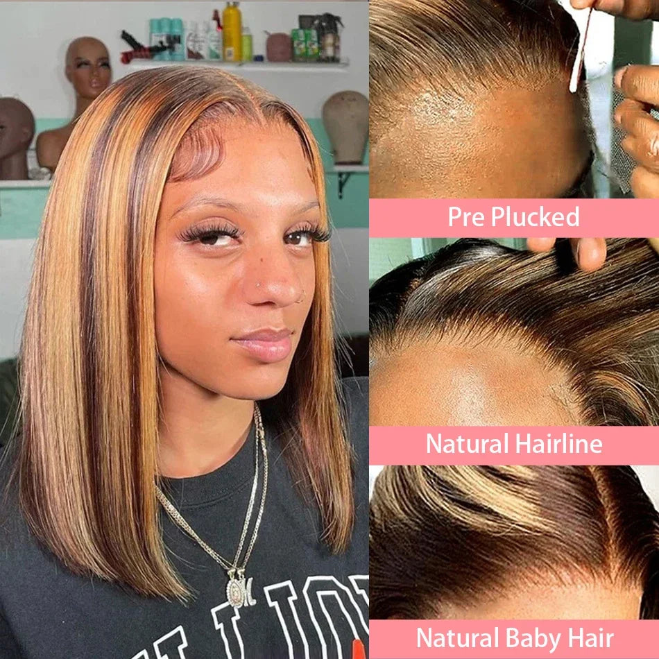 200% Density Short Bob Wigs Highlight Straight Lace Front Wigs Blonde 13x4 Transparent Lace Front Wig 100% Human Hair 427#16Inc