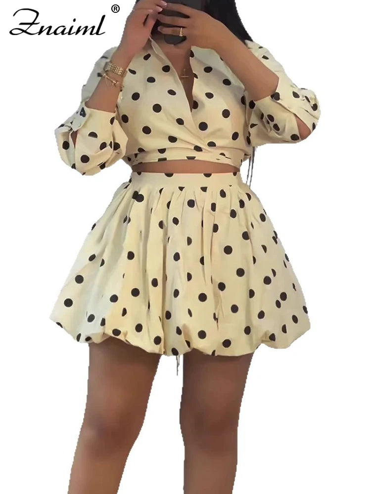 Znaiml Elegant Apricot Women 2 Piece Set Birthday Party Outfit Long Sleeve Crop Top and Ball Bown Skirt Polka Dot Suit Beachwear