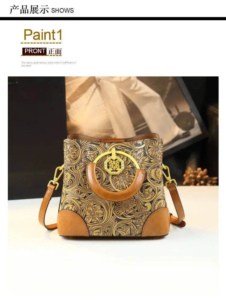 Retro Cowhine Carved Women Bag Handhold Bucket Leather Commuting Shoulder Underarm Crossbody Bags for Women