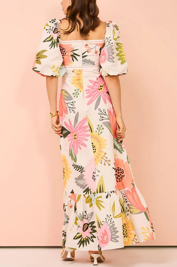 Summer Dress Elegant Women Flower Printed Maxi Dress High Waisted Short Sleeve Square Collar 2025 Summer Fashion Holiday Dresses