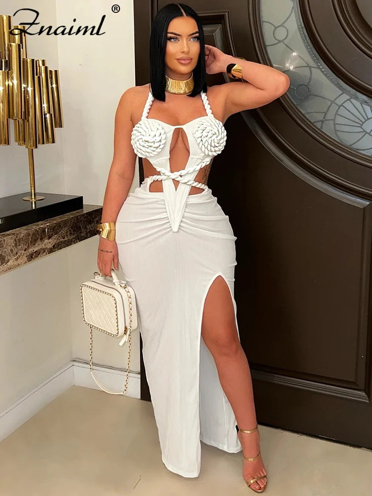 Znaiml Women's Elegant Evening Halter Hollow Backless Slit Bodycon Maxi Dresses Sexy Beach Holiday Party Club Birthday Vestidos