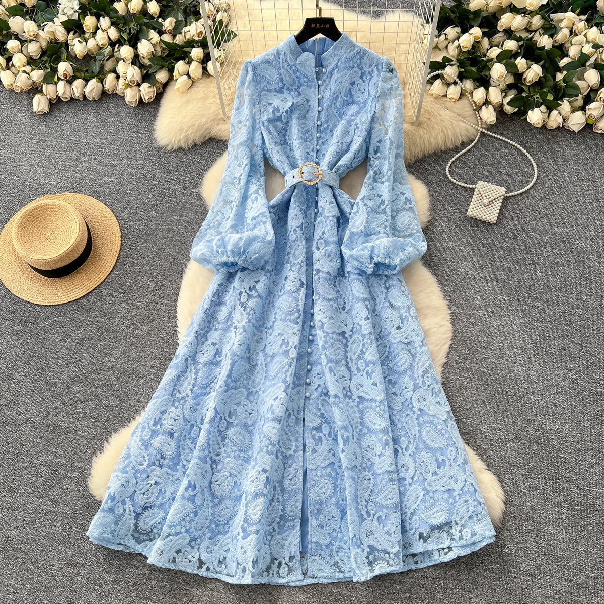 Crystal Belt Embroidered Maxi Dress