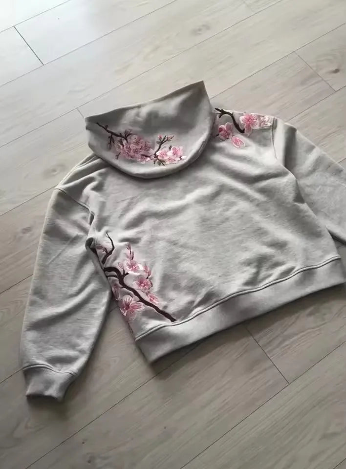 American Vintage Y2K Cherry Blossom Embroidered Hooded Jacket Womens Pink Zipper Coat with Floral Tree Graphic Streetwear