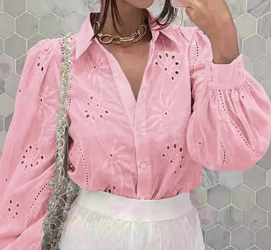 Sexy Pink Women Tops Single Breasted Solid Color Long Sleeved Collar Cardigan Shirt for Female Streetwear 2024 Autumn/Winter New