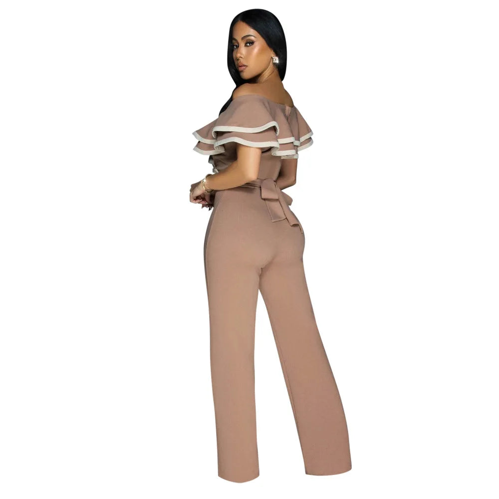 CM.YAYA Women V-neck Off Shoulder Ruffles Wide Leg Jumpsuits 2024 Summer Fashion Sexy Party Playsuit One Piece Suit Rompers