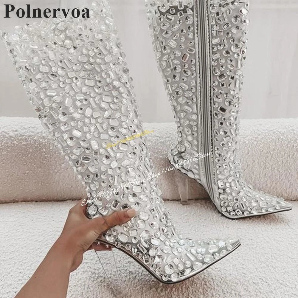 Knee High Transparent Heel PVC Crystal Boots High Heel Shoes For Women Side Zipper Pointed Toe 2024 Fashion Zapatos Para Mujere