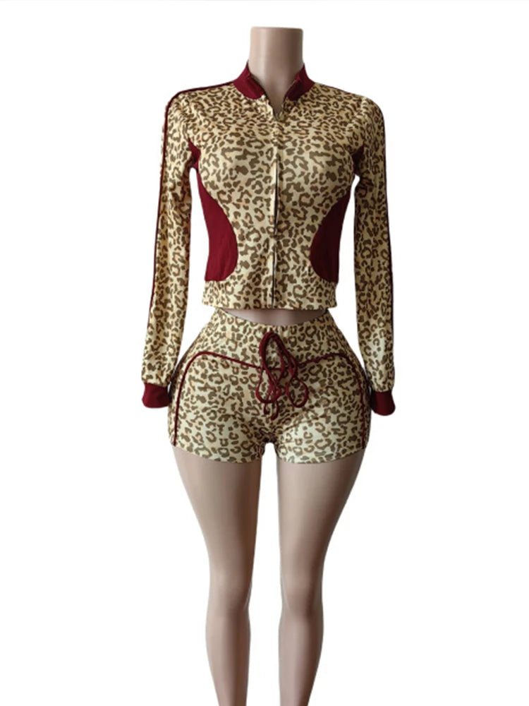 Weird Puss Casual Women 2 Piece Set  Tracksuit Leopard Print Patchwork Zip Crop Jacket+Shorts Sporty Stretch Streetwear Outfits