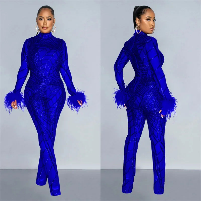 Znaiml Feather Long Sleeve Sequins Bodycon Jumpsuit Women Bodysuit Mesh See Through One Piece Overalls Birthday Party Outfits