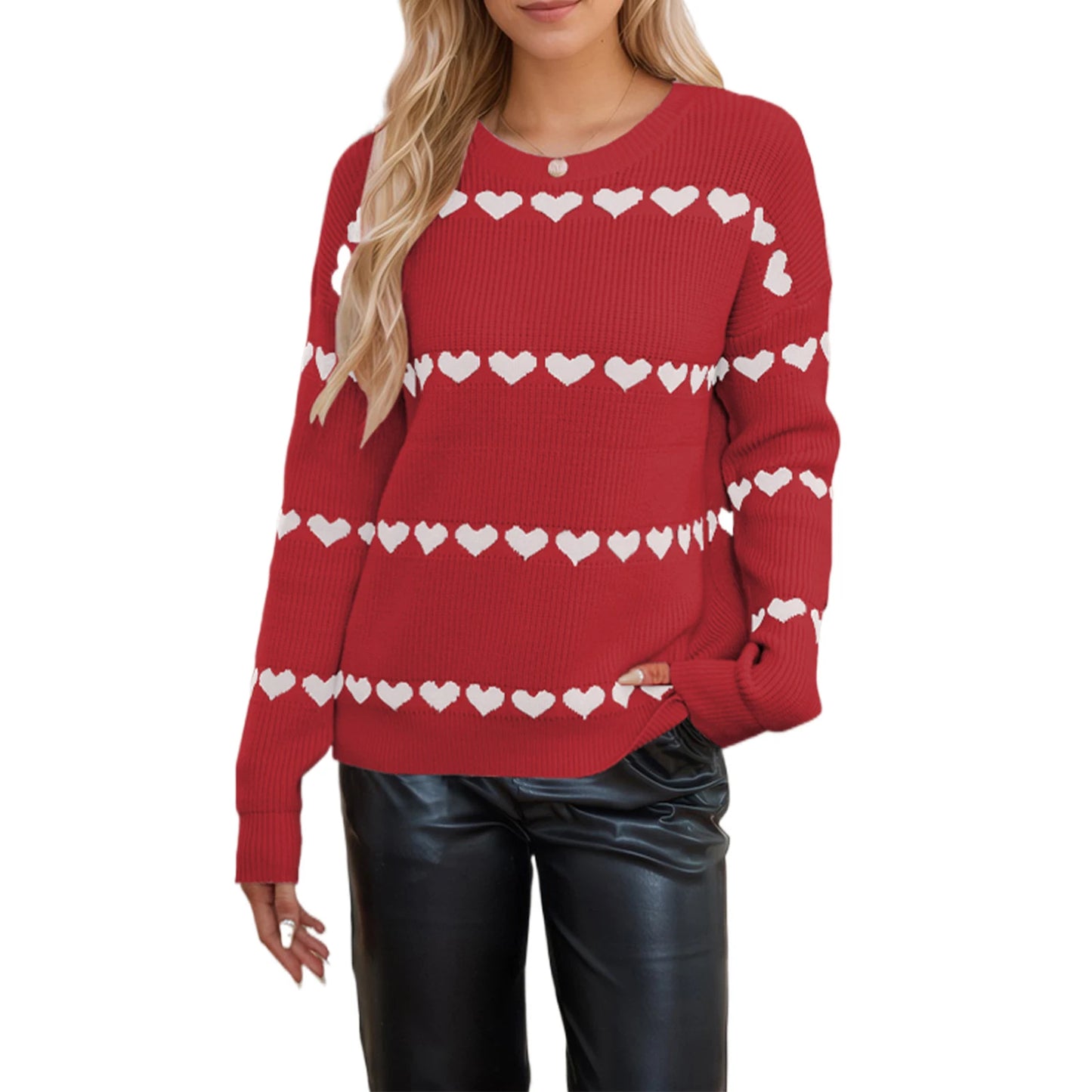 Women Valentine's Day Knit Sweater Heart Print Long Sleeve Round Neck Pullovers Fall Winter Casual Loose Knitted Jumpers Tops