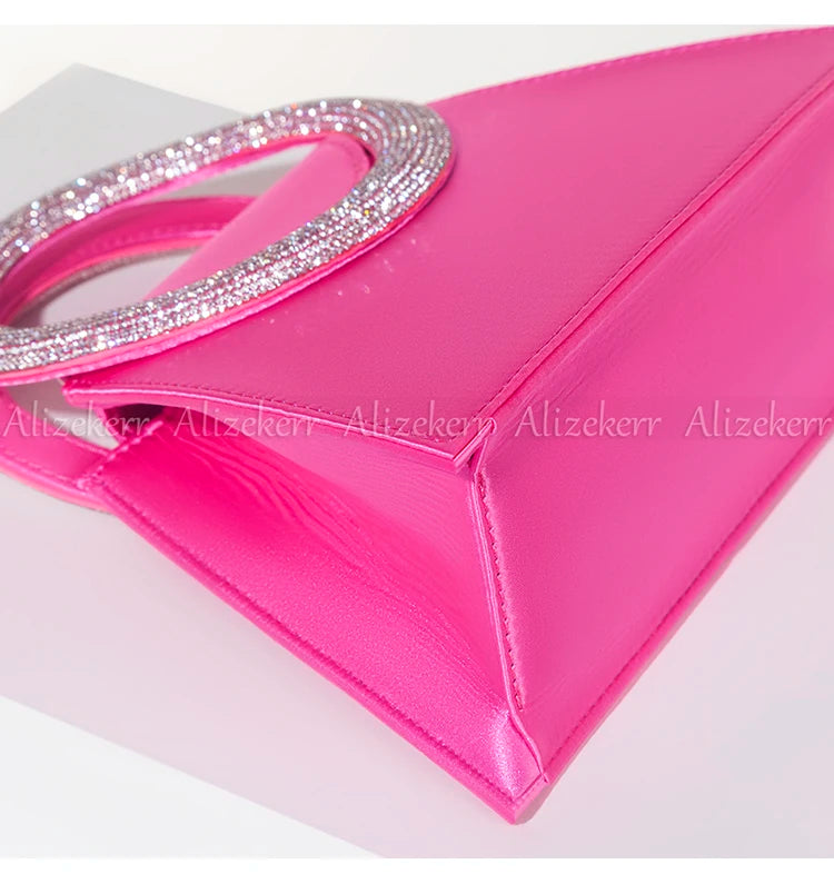 Bling Rhinestone Satin Handbags Women 2023 Elegant Boutique Round Crystal Handle Trapezoid Evening Clutch Purses Wedding Party