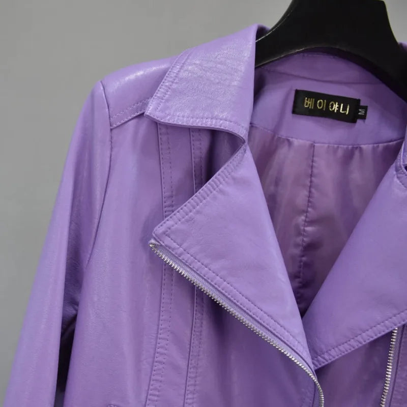 Purple Leather Jacket Women's Short Coat Slim Spring and Autumn Short Clothing