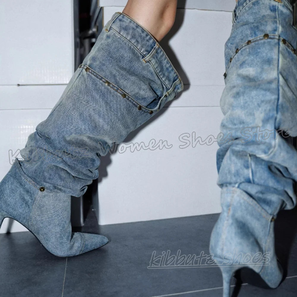 Pocket Over The Knee Boots Denim Cloth Slip-On Bottom Solid Color Novelty Fashion Concise Sexy Hot Girls Shoes Pointy Thin Heels