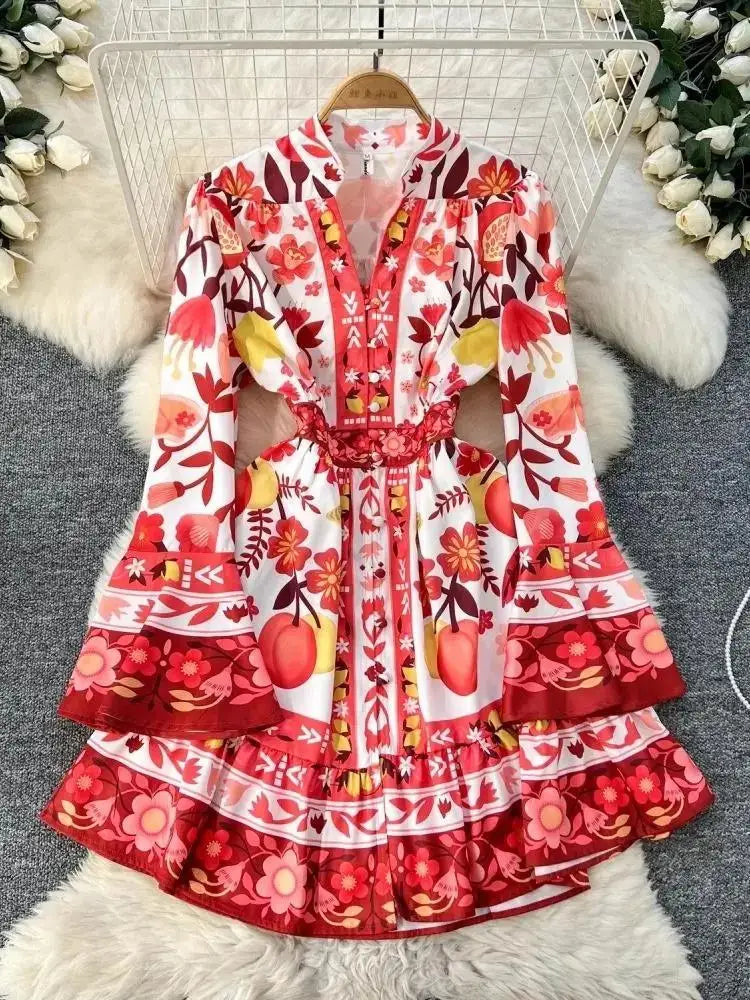 Women Holiday V Neck Flare Sleeve Single Breasted A Line Dresses Autumn Gorgeous Flower Print High Waist Beach Floral Vestidos