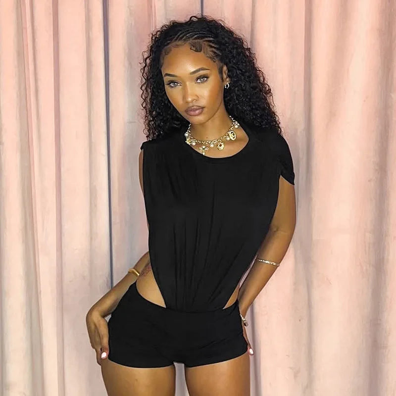 Joskaa 2025 Women's Black Two Piece Set Sexy Crew Neck Sleeveless Side Cutout Bodysuits and Bodycon Shorts Suits Y2K Streetwear