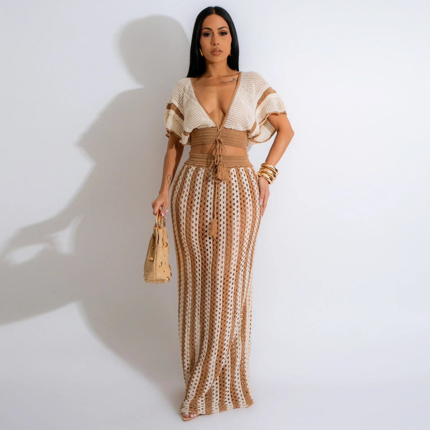 Wmstar Women Two Piece Set Sexy Elegant Knitted Crochet Beach Stripe Crop Tops Long Skirts Matching Set Holiday Birthday Outfits