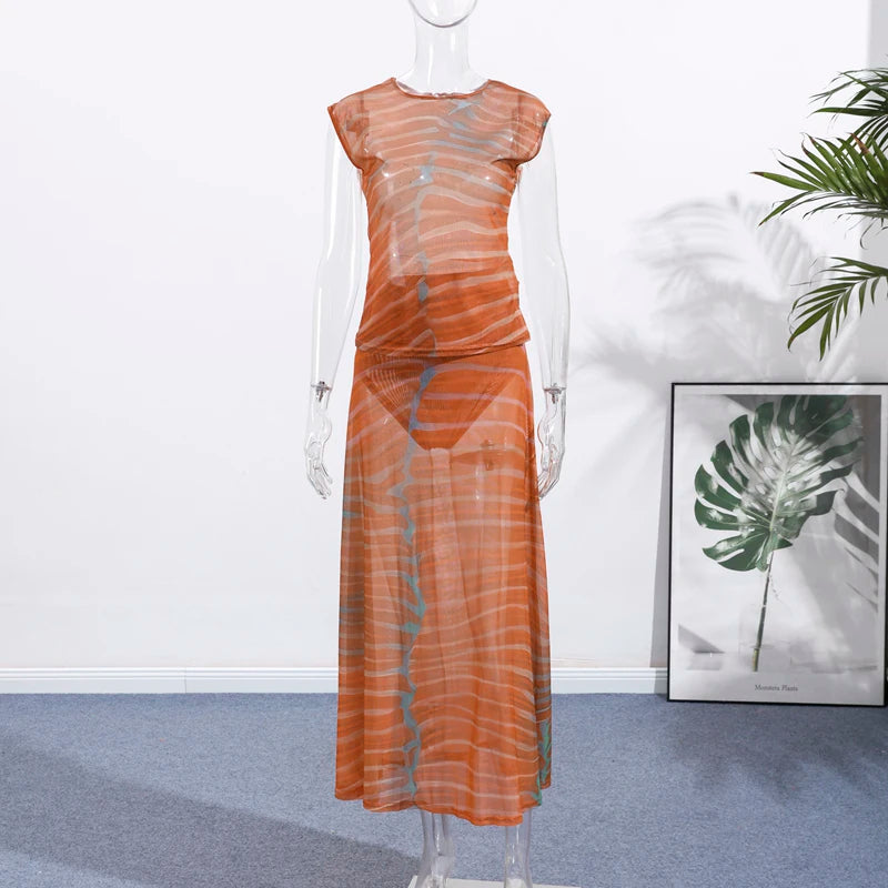 Chic Printed Contrast Women's Skirt Suit Sexy O-neck See Through Sleeveless Bodysuit High Waist Skirts Female 2025 Summer Outfit