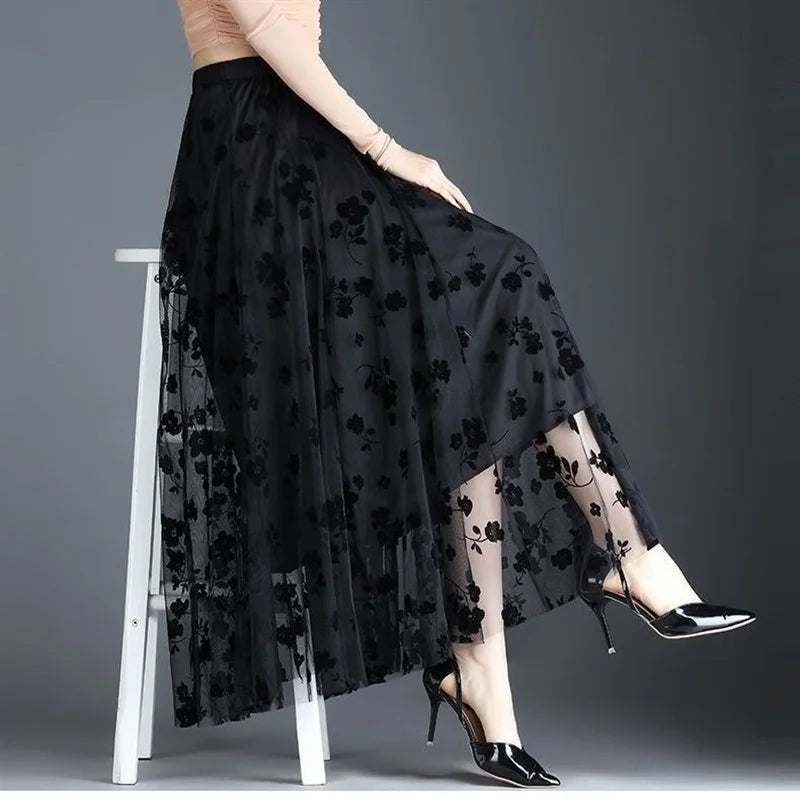 Flocking Floral Pirnted Long Mesh Skirt for Women, High Waist, Max Pleated Tutu, Tulle Skirt, Gauze Skirt, Female, 2025