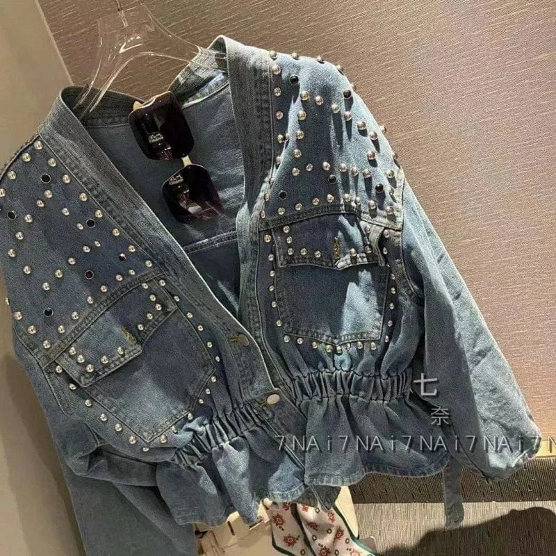 French denim jacket women's new heavy-duty diamond-studded beaded loose short long-sleeved jacket in spring and autumn