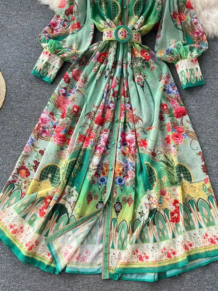 Women's Turtleneck Lantern Sleeve Single Breasted Flower Print Maxi Dress Autumn Bohemian Chiffon Green Belt Holiday Vestidos