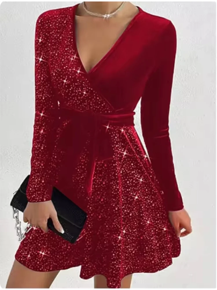 V Neck Sequin Long Sleeve Dress