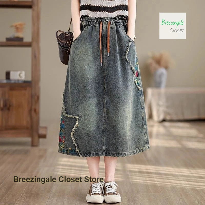 American Embroidered National Style Loose Denim Skirt Women's Spring and Summer New Fashion Temperament with Wild Skirt.