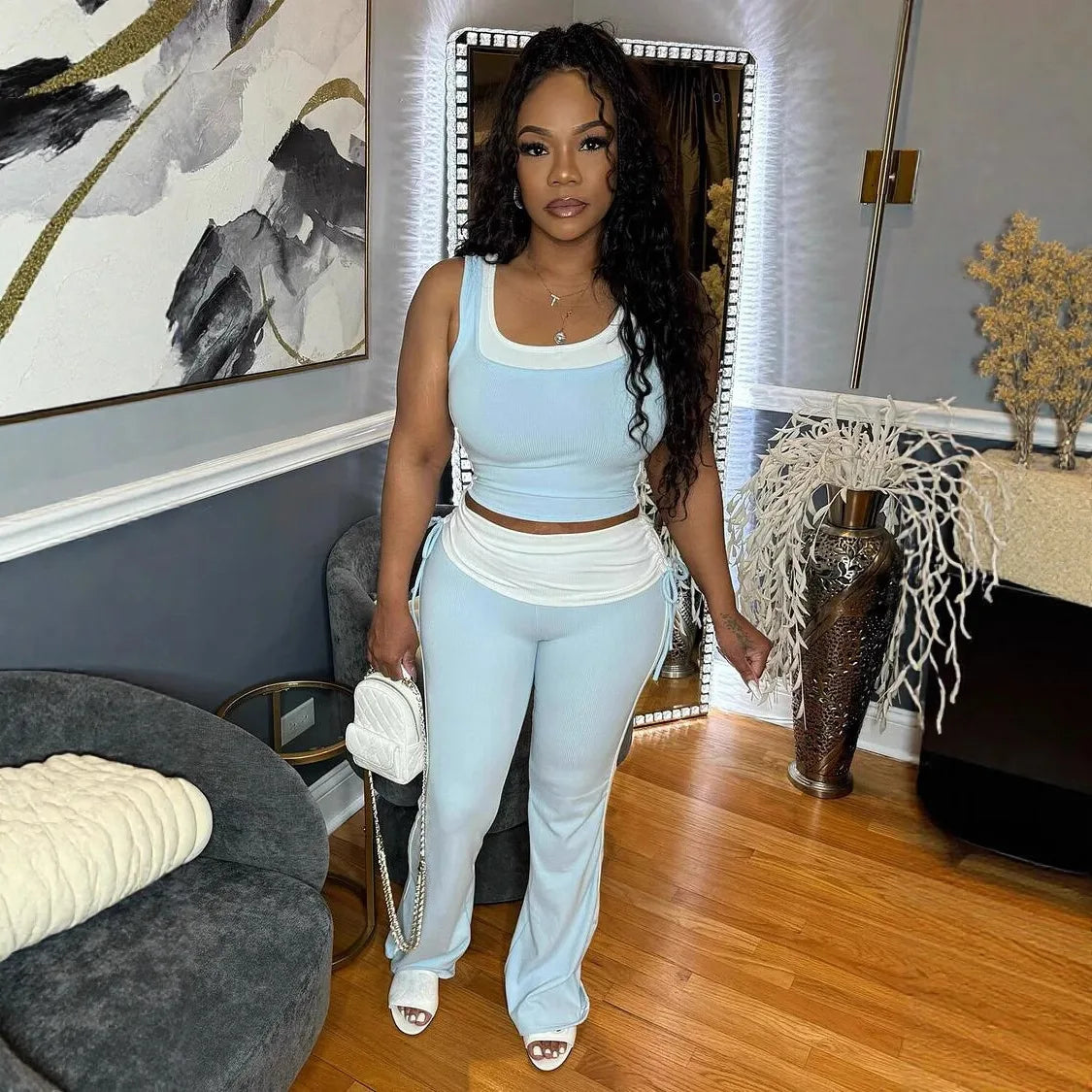 CM.YAYA Fashion Knit Ribbed Patchwork Women's Set Sleeveless Tank Tops and Flare Pants Tracksuit 2025 Two 2 Piece Sets Outfit