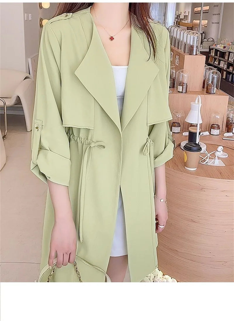 Autumn Windbreaker New Women's Thin Coat Korean Version 2023 Single-Layer Fashion Drawstring Slim Trench Coat Top with 3/4 Sleev