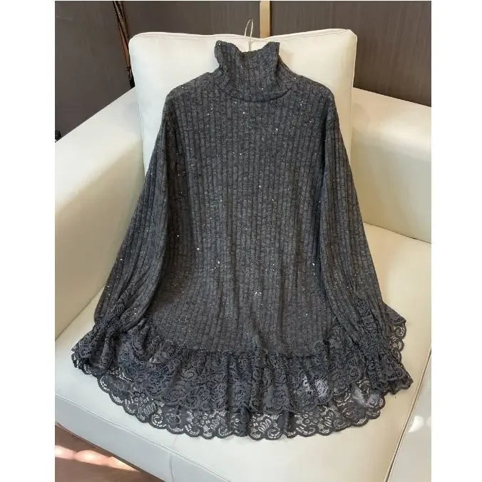 Autumn and Winter New Fashionable Style Lace Splicing Bottom Shirt Thin Solid Color Loose Look Casual Loose Long Sleeves Top