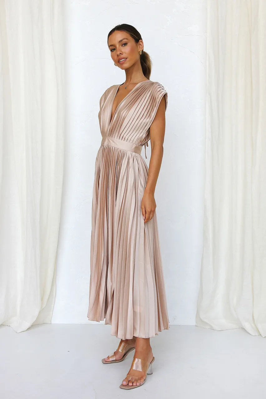 Elegance Draped V-Neck Pleated Skirt Dress 2025 Women Solid Strapless Backless Patchwork Loungewear Simple Maxi Dress