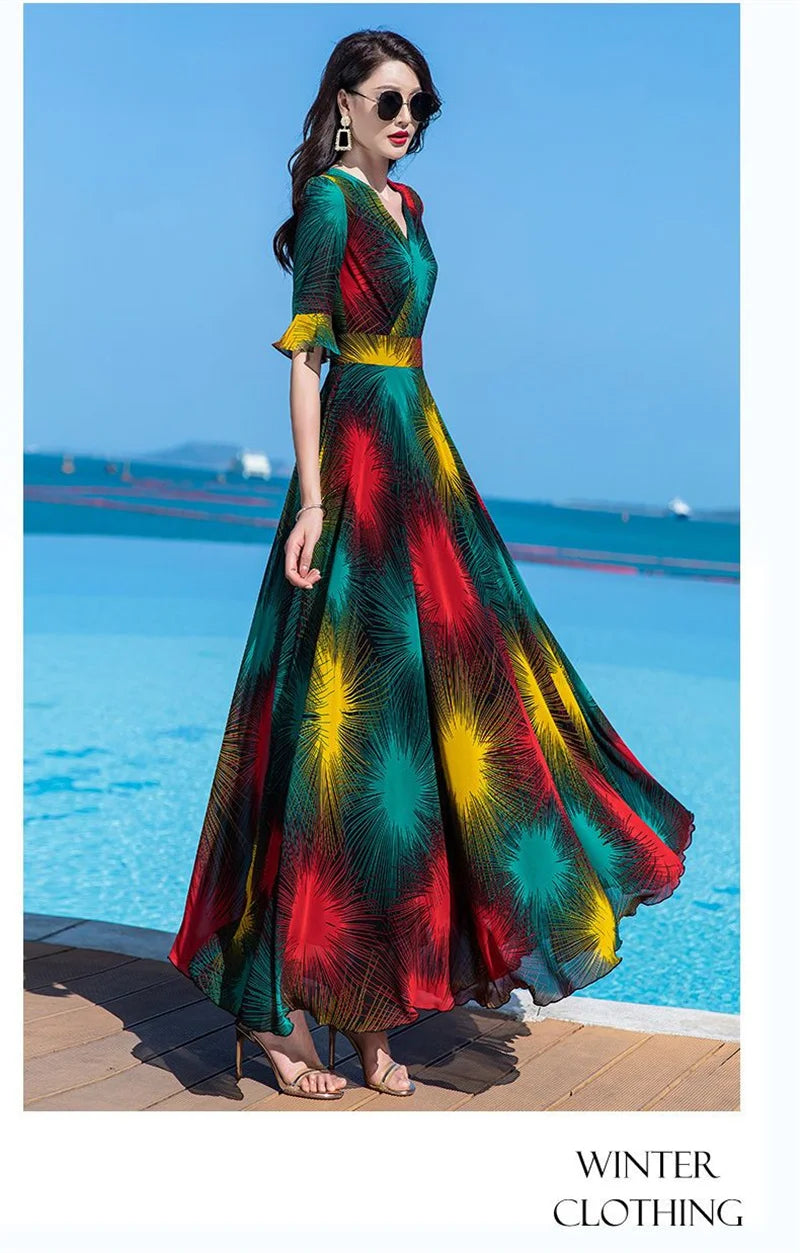 Floral Dress 4XL Women's 2025 Summer Chiffon V-Neck Dress High end Style Celebrity Splice A-line Skirt for Women Elegant Mujer