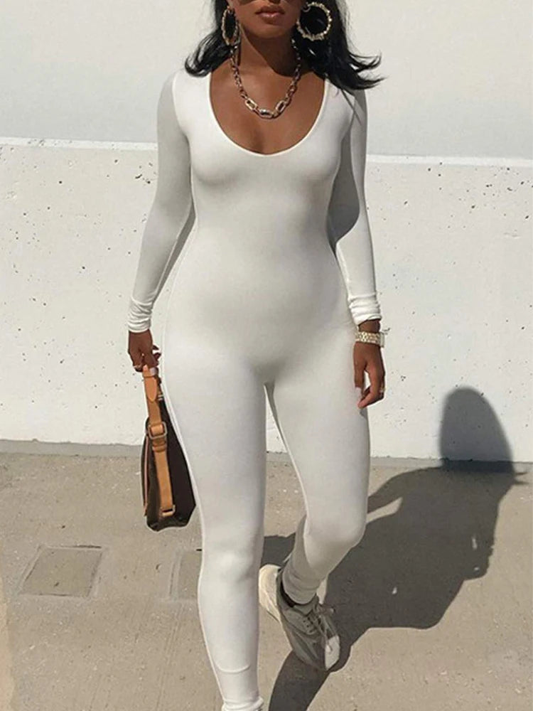 Spring Summer New Women's Long Sleeve Solid Color Skinny Jumpsuit Fashion Sports Fitness Pullover Casual Wear