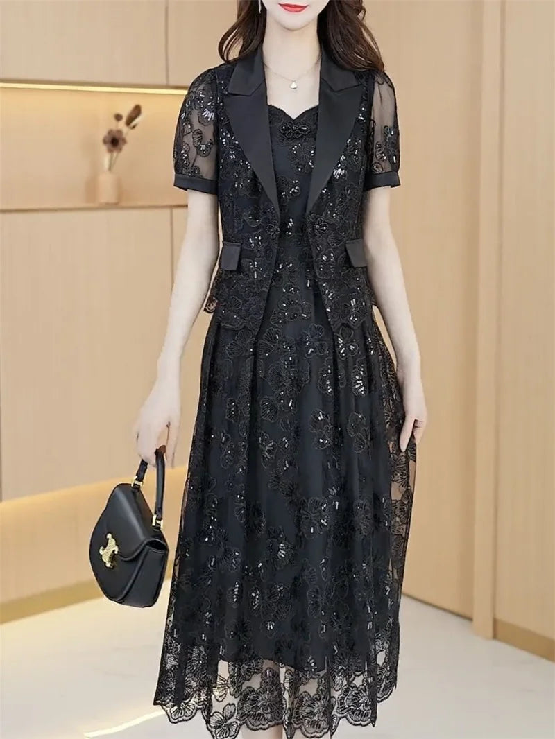 Lace Dress Women's High end Luxury Lady Two Piece Sets Silk Dress Suit Jacket And Dress 2023 Summer Waist Slim Long A-line Dress