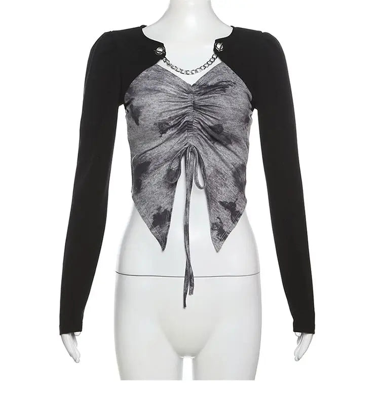 Hong Kong Style Retro Tie-dyed Unique Splicing Design and Sense Dovetail Slim T-shirt for Women Sweet Sexy Versatile Base Shirt