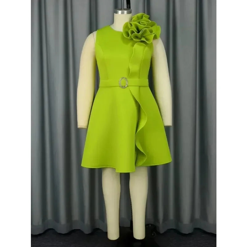 2025 New Women Sweet and Cute Green Party Evening Dress 3D Flower Sleeveless Knee Length Elegant Cocktail Celebration Robe