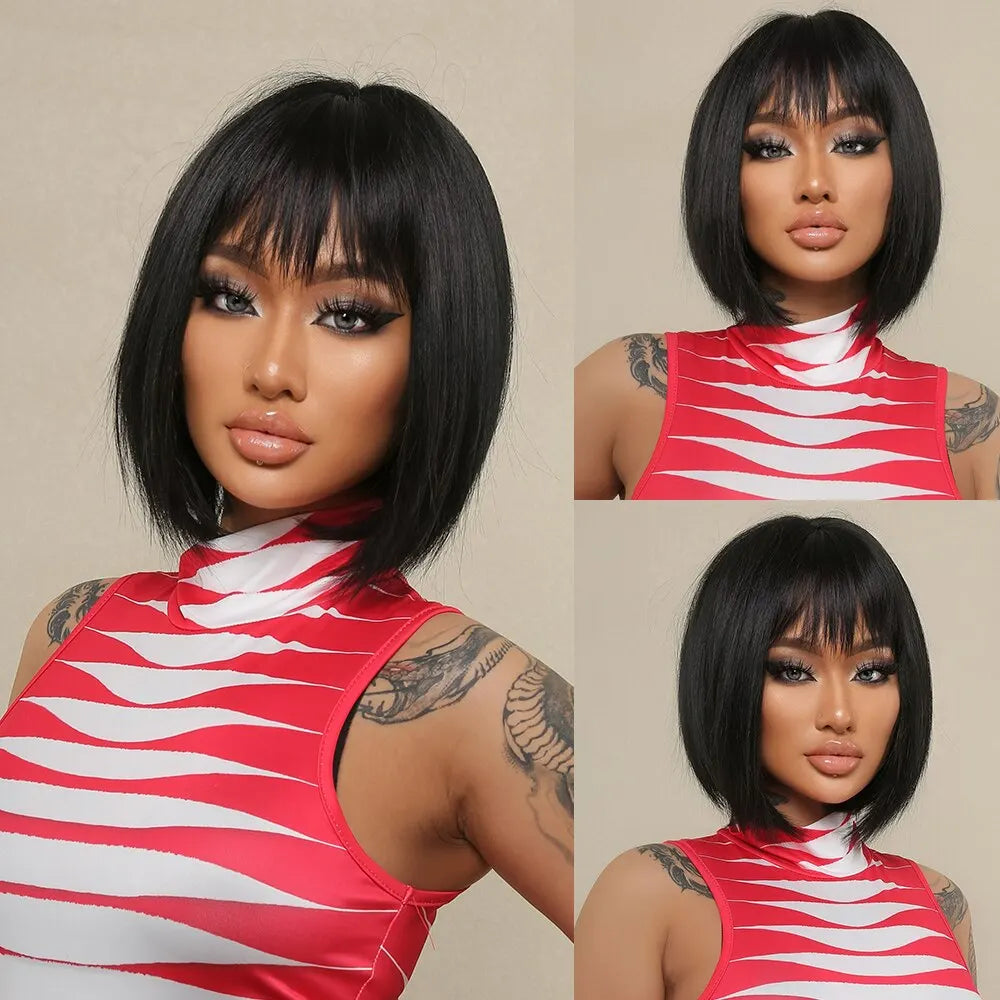 Short Natural Black Synthetic Bob Wig with Fluffy Bangs for Women