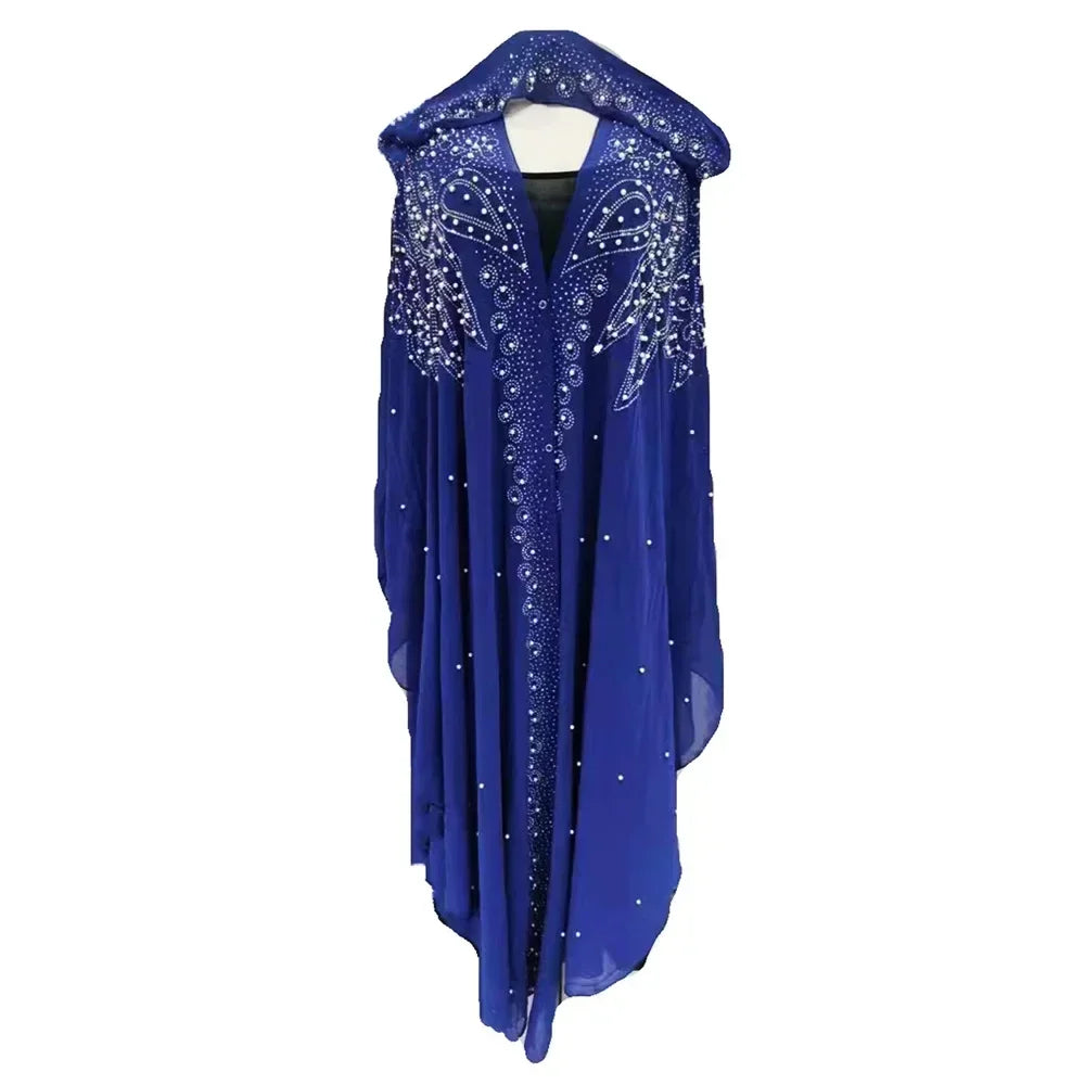 Middle East Africa Hot Muslim Long Robe Vintage Diamond Bead Shoulder Cover Hooded Cloak Dress Bat Sleeve Women's Dress New
