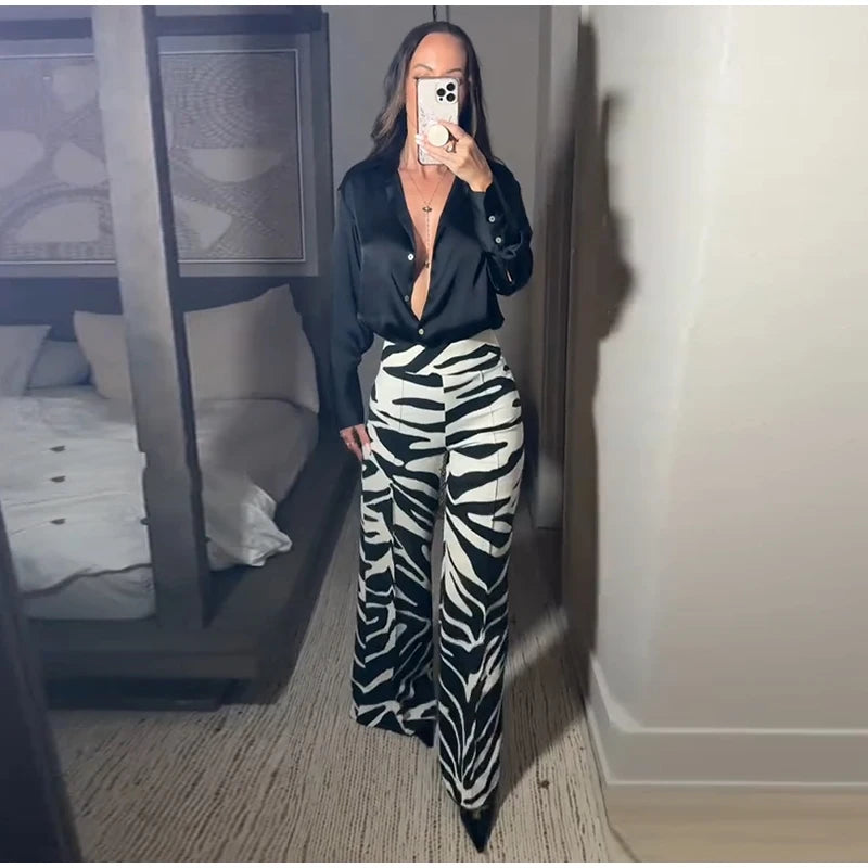 Zebra Print Wide Leg Women Pants High Waisted Stretch Fit 2025 Autumn Fashion Elegant Casual Bottoms Office Chic Lady Trousers
