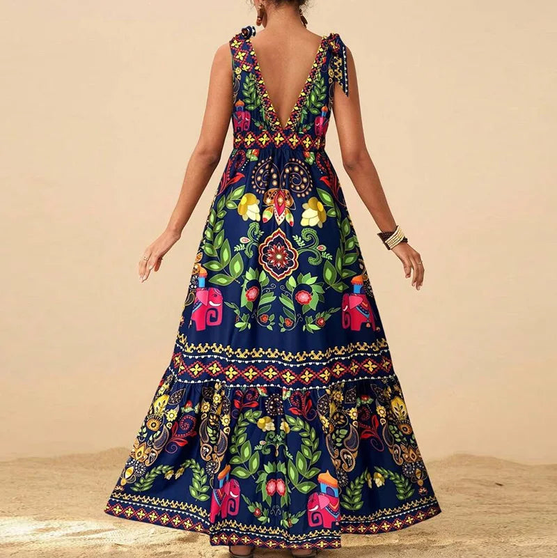 Lady Retro Floral Print Pleated Long Dress Sexy V Neck Hollow Out Sleeveless Beach Dress Casual High Waist Bohemian Summer Dress