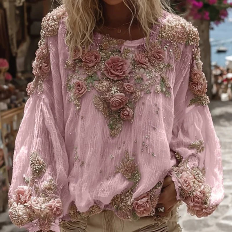 Flower Print Long Sleeved Breathable Autumn Shirts Female O Neck Loose Bohemian T-shirts 2025 Casual Holiday Beach Top Blouses