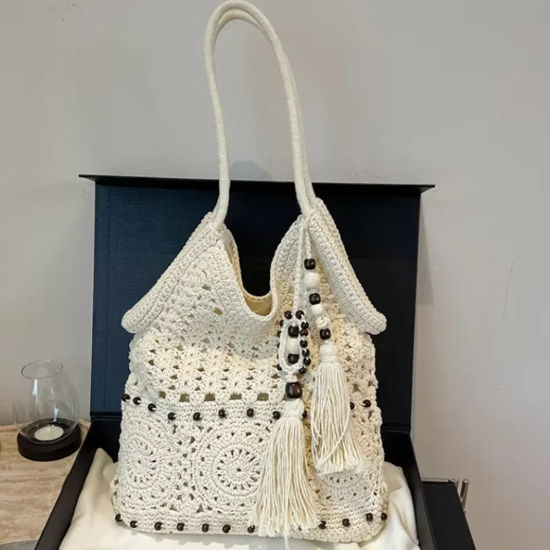 Hollow Crochet Women Bags Bohemian Large Capacity Handbags Korean Popular Bag New Tassel Cotton Shopping Bag Shoulder Bag Women